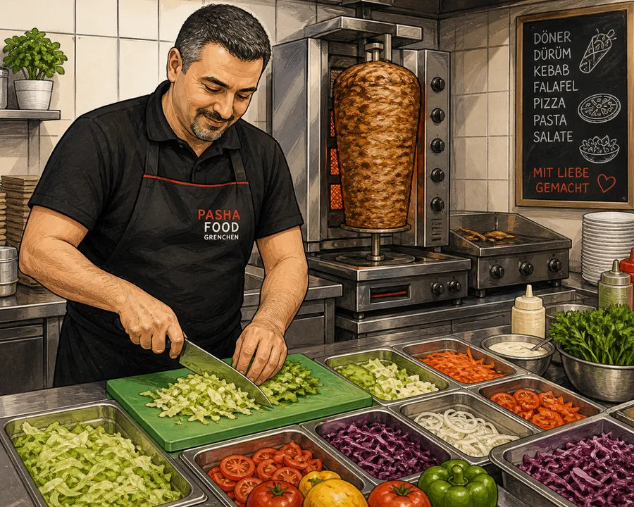 PashaFood Küche mit frischen Zutaten und Döner-Spiess